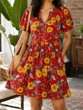 Chances R Red Floral Boho Rayon Dress Medium Cottagecore Peasant Mini